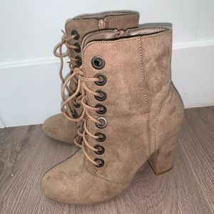 Tan Suede Lace-up Booties